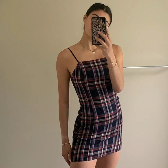 Urban Outfitters Plaid Check Square Neck Mini Dress Navy Red  Sz L - Picture 1 of 7